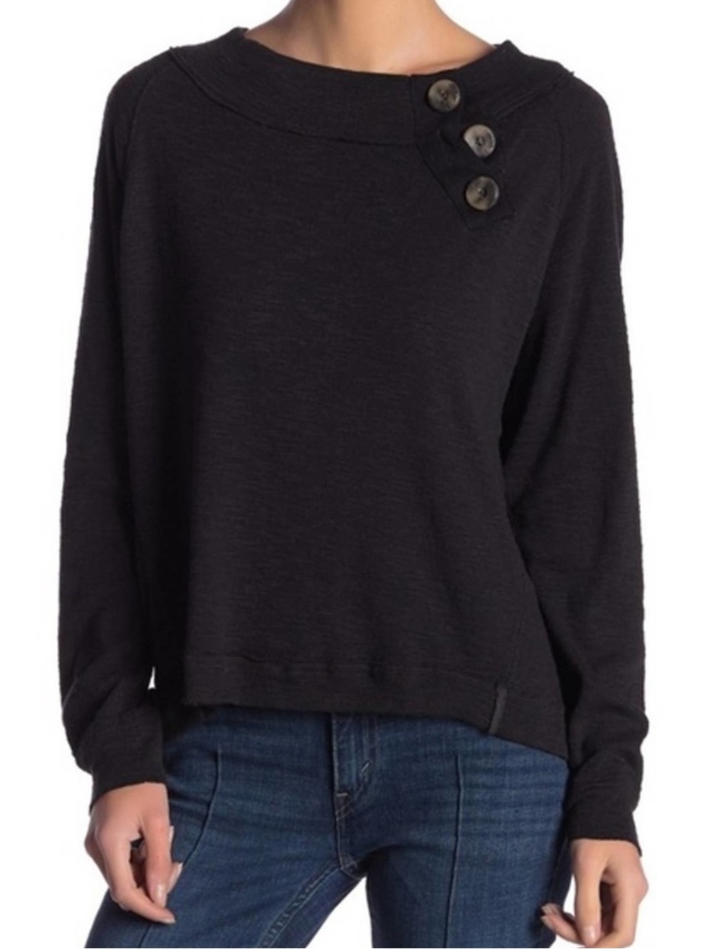 We The Free Black Button-Shoulder Crewneck Sweater